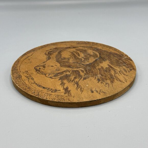Vtg Pyrography Wood Burning Art Plaque Flemish Art Co Rd Newfoundland Dog Head - Picture 9 of 10